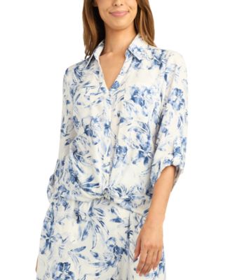 Juniors' Tie-Front Floral 3/4-Sleeve Top