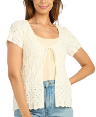 Juniors' Short-Sleeve Tie-Front Pointelle Cotton-Blend Cardigan Sweater
