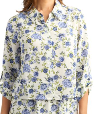 Juniors' Floral-Print Ottoman 3/4-Sleeve Blouse