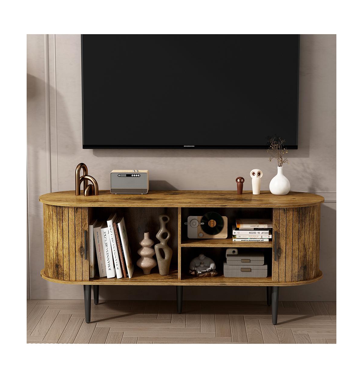 Flynama 47 Inch Mid-Century Fluted Sliding Door Tv Console Mdf Entertainment Center with Metal Legs