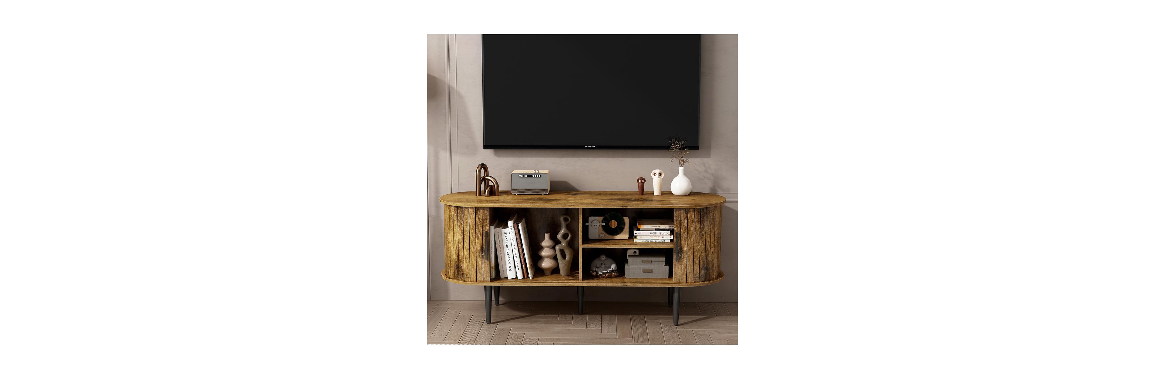 Flynama 47 Inch Mid-Century Fluted Sliding Door Tv Console Mdf Entertainment Center with Metal Legs
