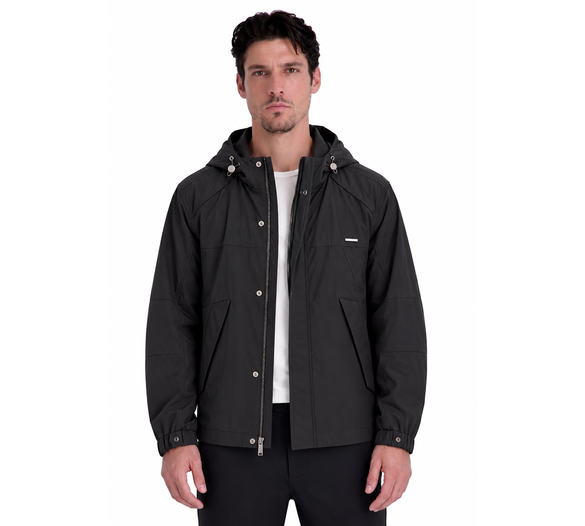 Karl Lagerfeld Paris Men's Lightweight Hooded Nylon Windbreaker - Black