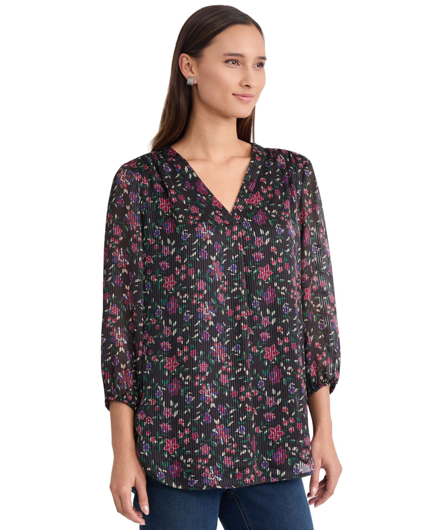 Женский топ Jones New York Plus Size Floral-Print 3/4-Sleeve V-Neck Satin Tunic, цвет: Чёрный разноцветный — фото 2