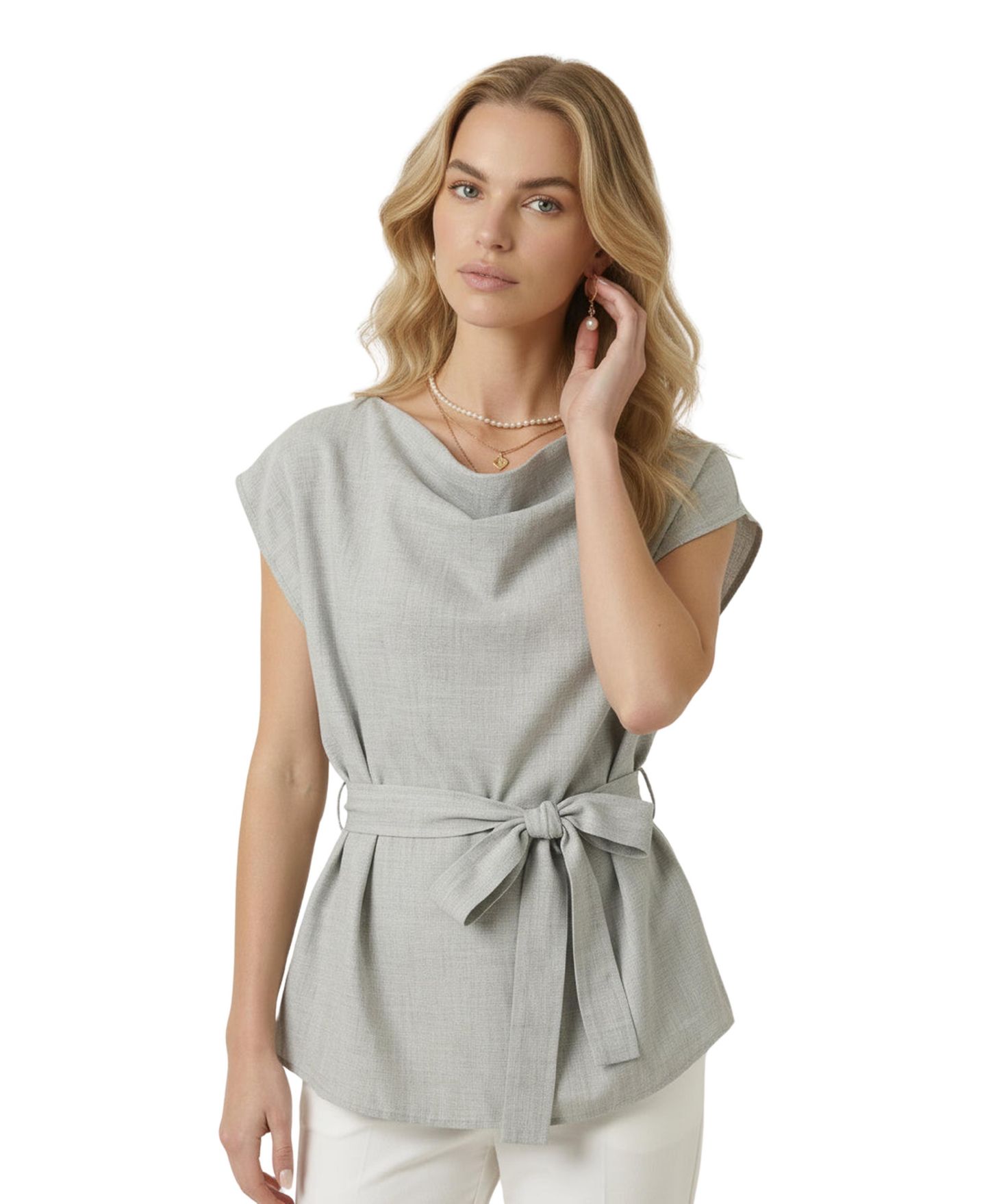 Женский топ Modenaire Draped-Neck Cap-Sleeve Self-Tie Waist, цвет: Светлый шалфейный серый — фото 3