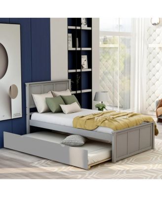 Twin Size Platform Bed with Pull-Out Trundle, Solid Wood Frame Space-Saving Bed, Minimalist Panel Bed for Bedroom Apartment Guest Room