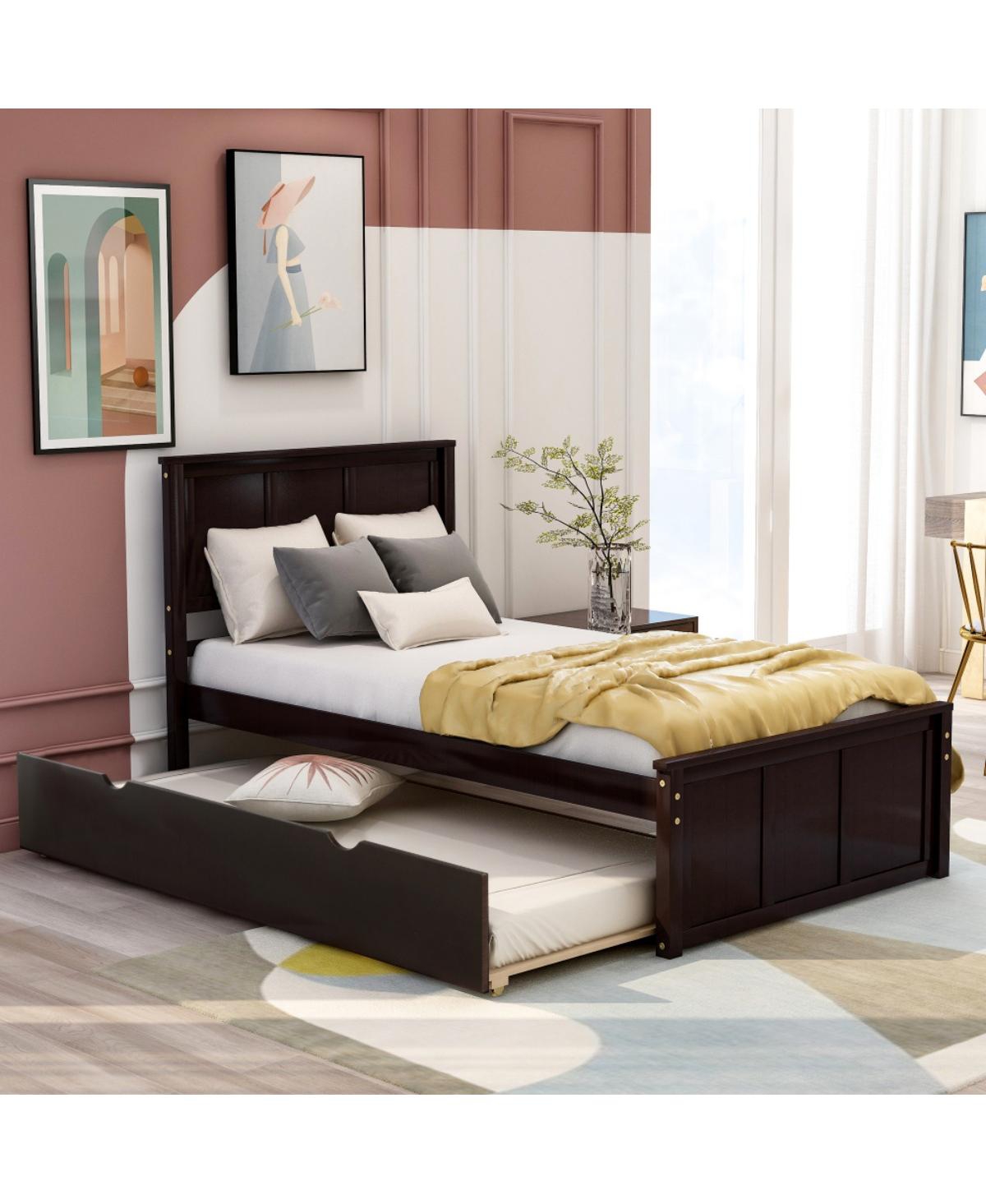Rainsken Twin Platform Bed with Pull-Out Trundle, Solid Wood Frame Space-Saving Bed, Minimalist Panel for Bedroom Apartment Guest Room
