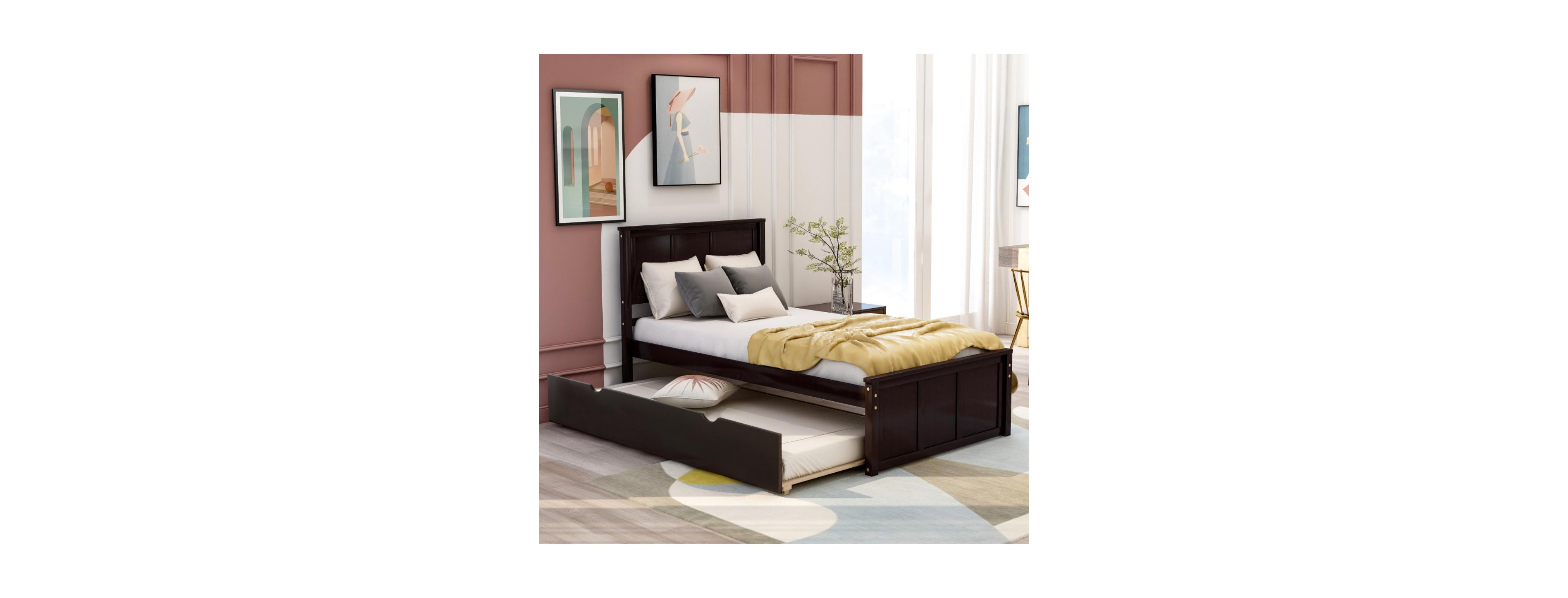 Rainsken Twin Platform Bed with Pull-Out Trundle, Solid Wood Frame Space-Saving Bed, Minimalist Panel for Bedroom Apartment Guest Room