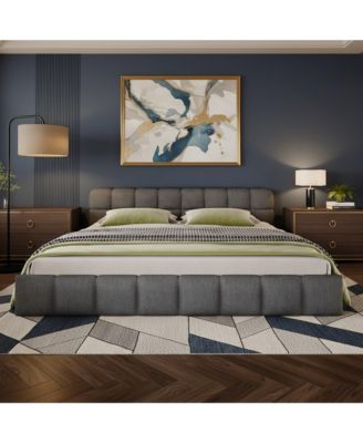 Chenille Upholstered Bed Frame,Modern Checkerboard Pattern Headboard, Fabric Platform Bed