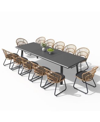 13-Piece Aluminum Outdoor Dining Set with 116-Inch Rectangle Table and 12 Rattan Chairs with Cushions