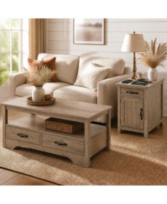 Farmhouse Living Room Table Set, Rustic Wood Coffee Table with 4 Drawers and Open Storage Shelf + Flip-Top Charging Side End Table