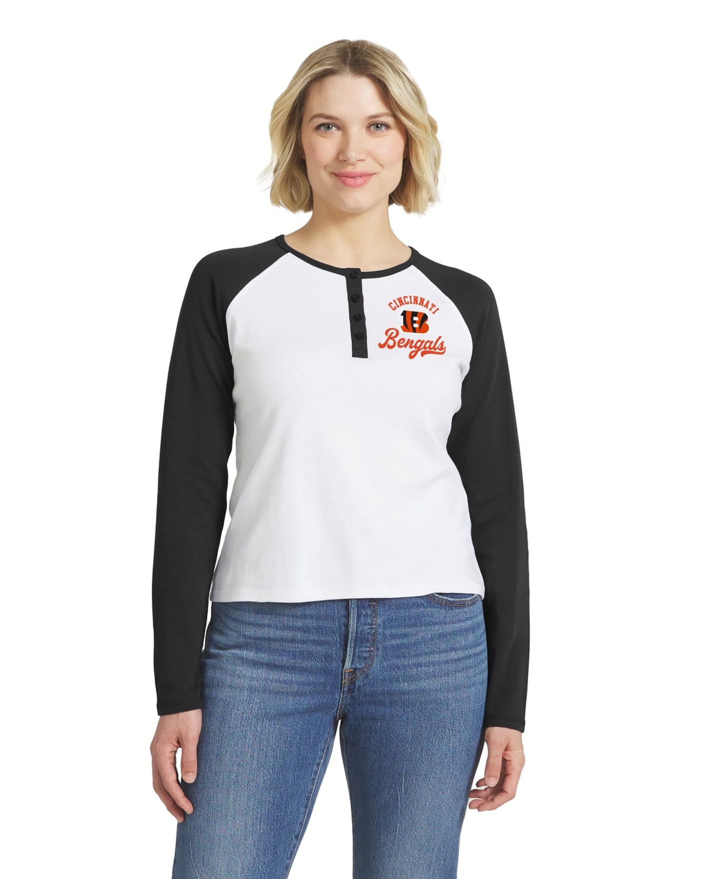 Женская футболка WEAR by Erin Andrews White/Black Cincinnati Bengals Henley Long Sleeve Raglan — фото 1