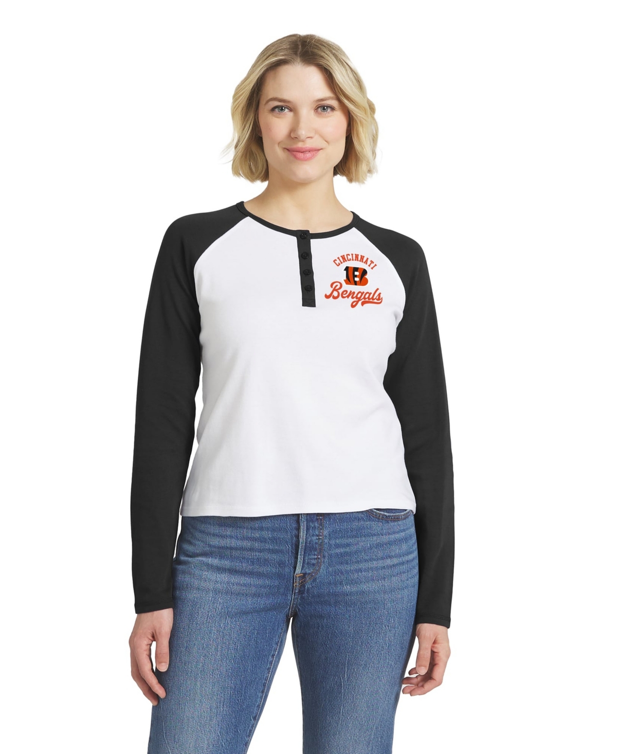 Wear by Erin Andrews Women's Cincinnati Bengals Henley Long-Sleeve Raglan T-Shirt