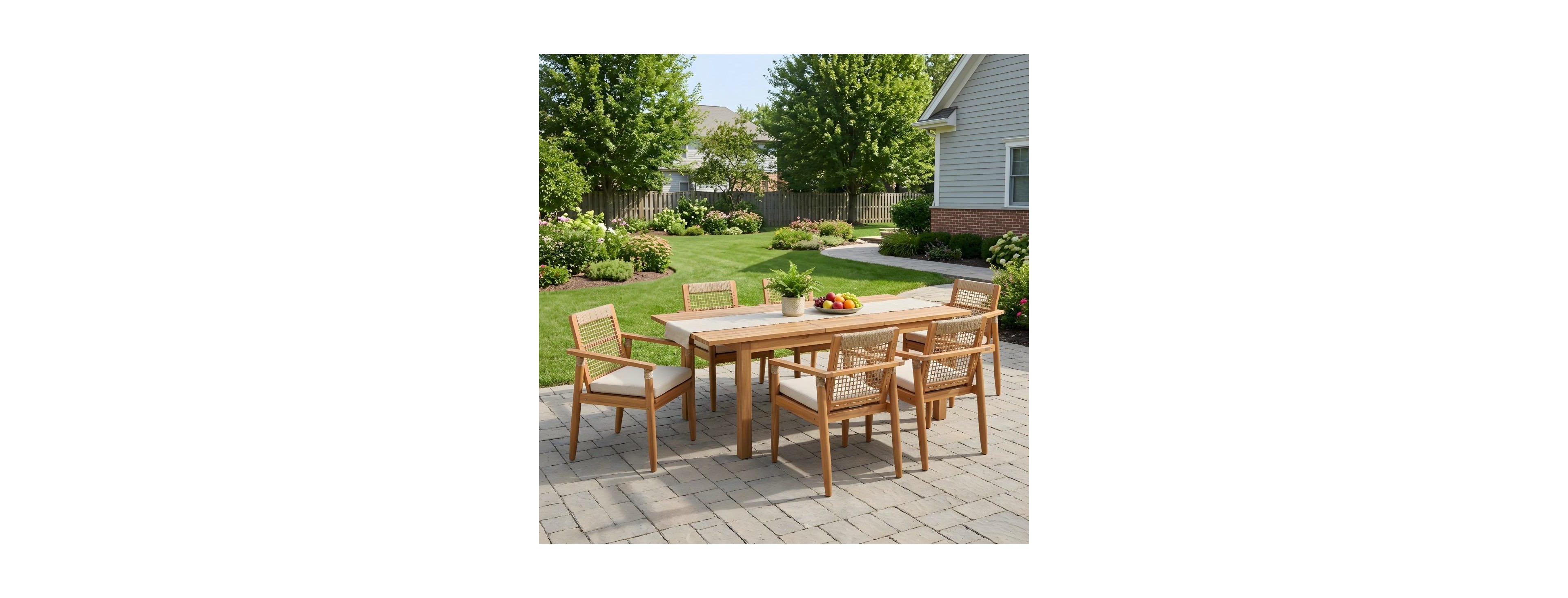 Asagikoiai 7-Piece Acacia Wood Outdoor Dining Set with Extendable Table and 6 Armchairs for Garden