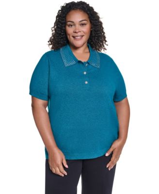 Plus Size Rhinestone Short-Sleeve Polo Shirt