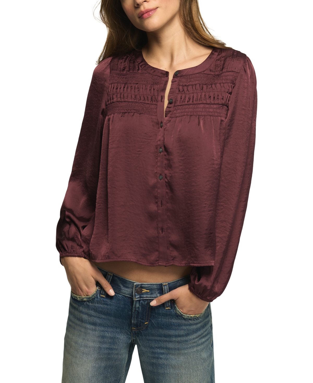 Lucky Brand Women's Long-Sleeve Satin Pintuck Blouse - Vineyard Wine