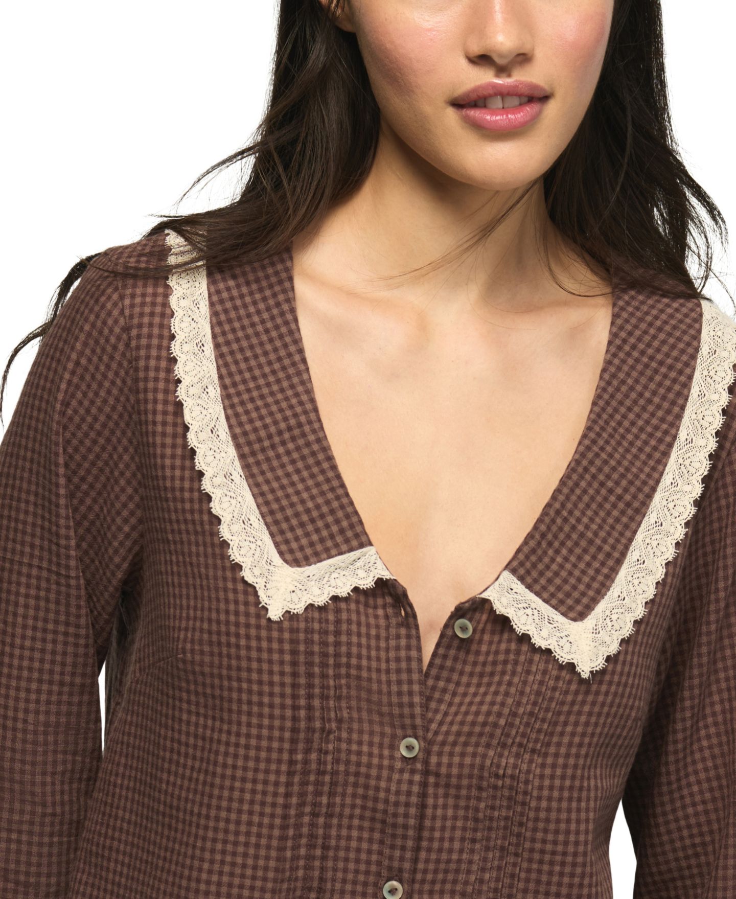 Женская блузка Lucky Brand Gingham Peter Pan Collar Long-Sleeve, цвет: Коричневый в мелкую клетку — фото 4