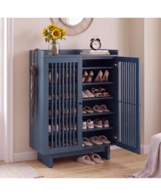 Slatted Door Shoe Storage Cabinet, Freestanding Shoe Organizer With Double Doors, Elevated Base, For Entryway and Hallway