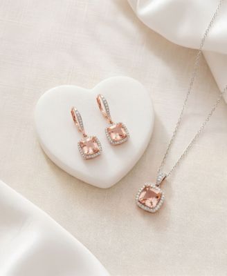 Sterling Silver Two-Toned Pink Cubic Zirconia Square Halo Necklace & Earrings - Jewelry Collection