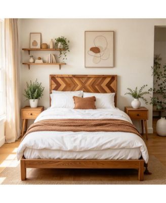 Platform Bed Frame - Mid-Century Modern Wood Bed with Geometric Headboard and Wooden Slats Support, No Box Spring Needed, for Bedroom