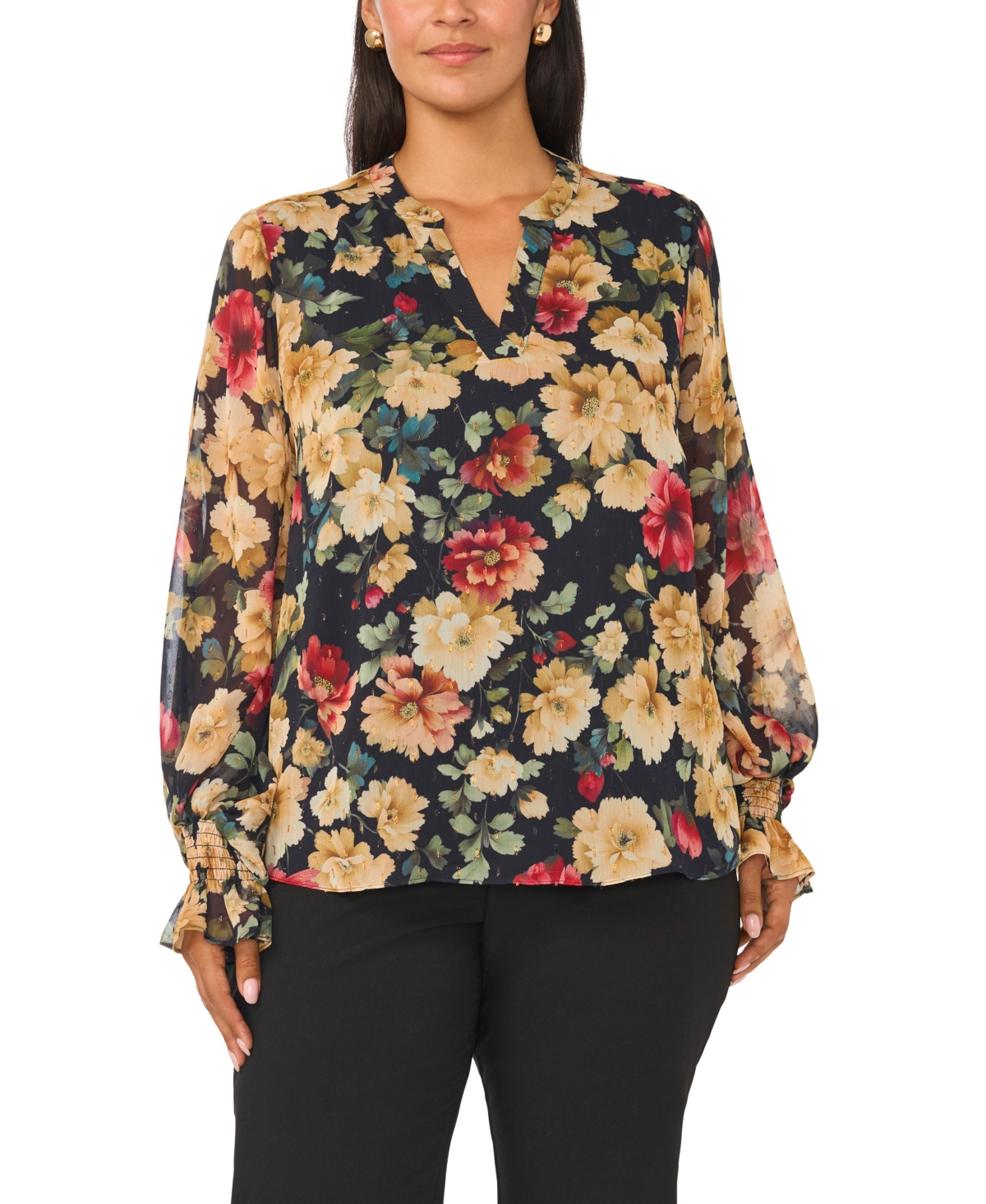 Vince Camuto Plus Floral-Print Split Neck Long Sleeve Blouse