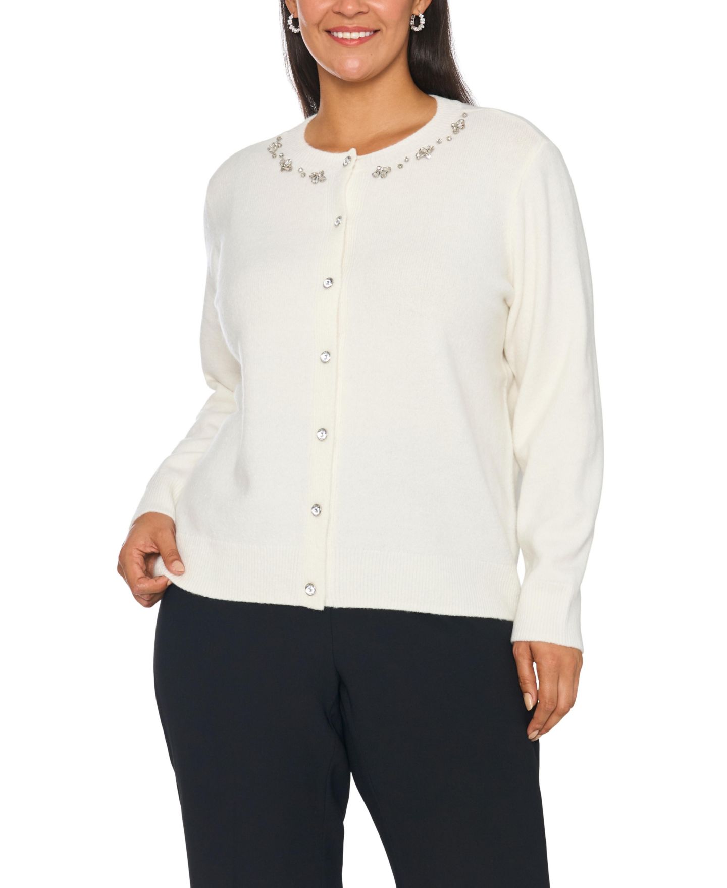 Женский кардиган Vince Camuto Plus Size Embellished Crewneck Cardigan, цвет: Состаренный белый — фото 1