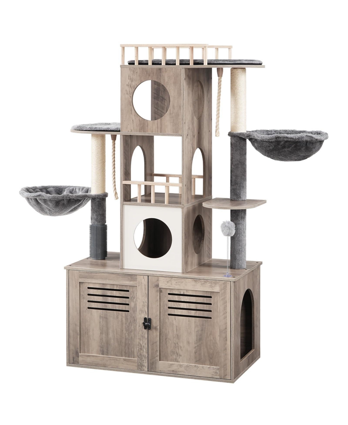 Slickblue Wooden Cat Tree with Litter Box Cabinet and Multi Level Cat Activity Center