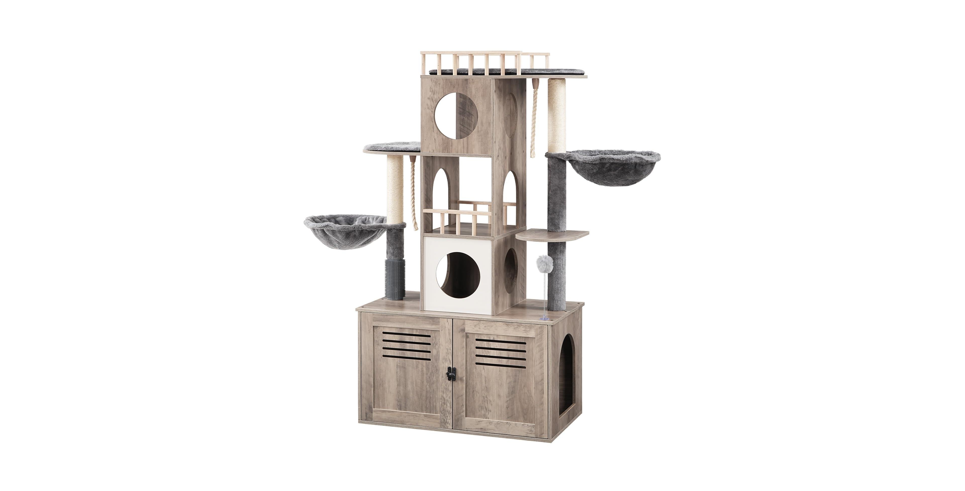 Slickblue Wooden Cat Tree with Litter Box Cabinet and Multi Level Cat Activity Center