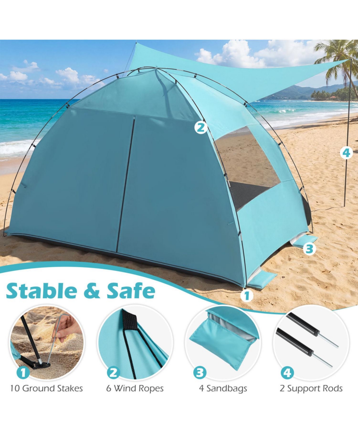 Mecale 3-4 Person Beach Tent Sun Shelter with Extended Floor - Blue