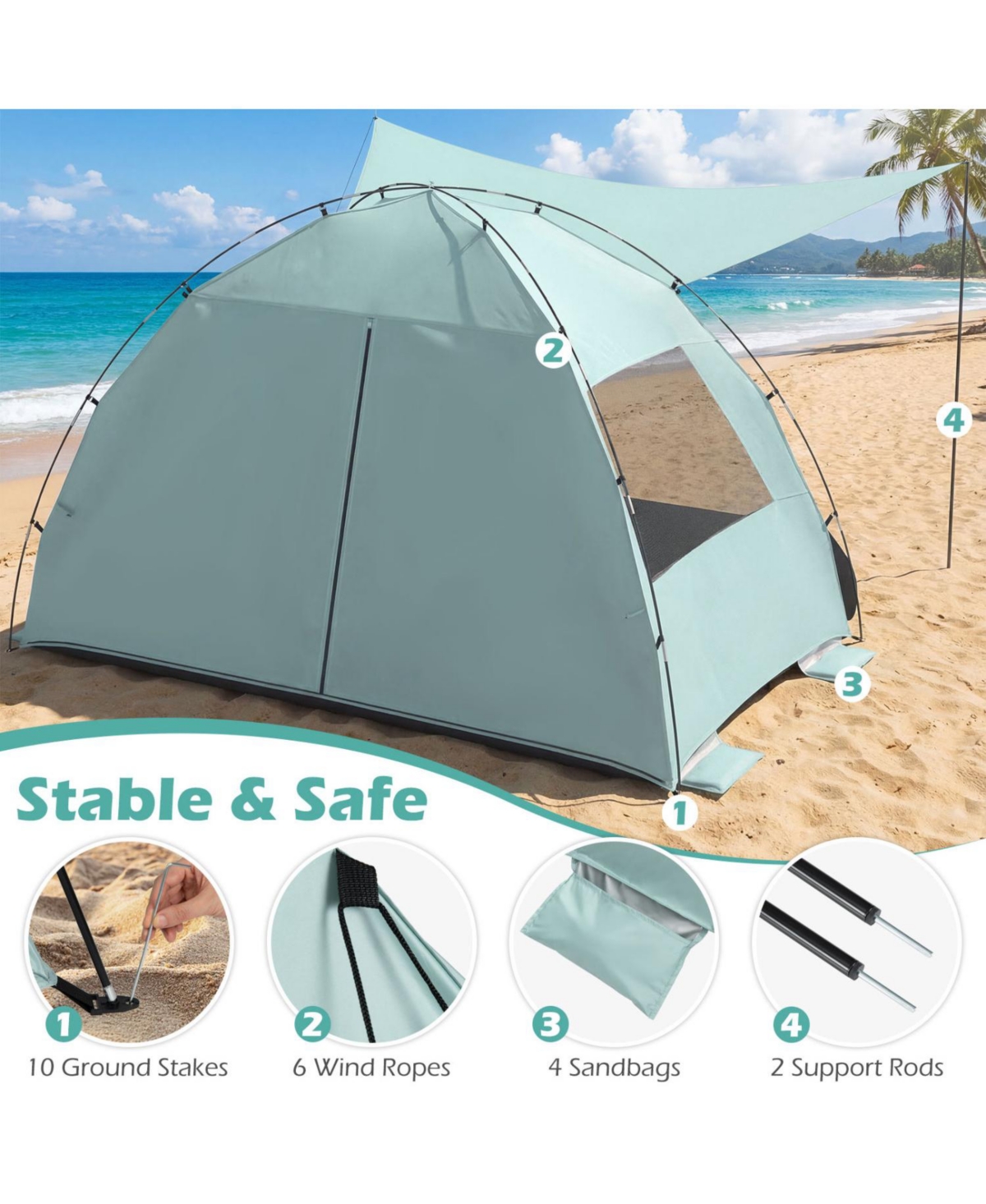 Mecale 3-4 Person Beach Tent Sun Shelter with Extended Floor - Green
