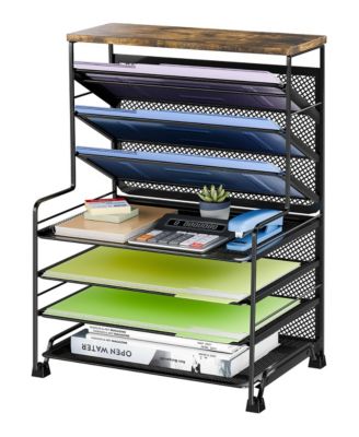 8 Tier Desk File Organizer Large Capacity Sturdy Metal Mesh Wood Home Office School Storage