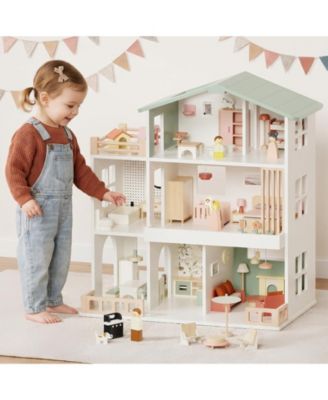 Wooden 8-Room Dollhouse with Family Figures, Ages 3+