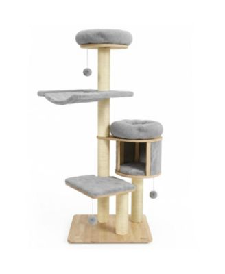 55 in Rubber Wood Cat Tree with Hammock Condo and Sisal Posts