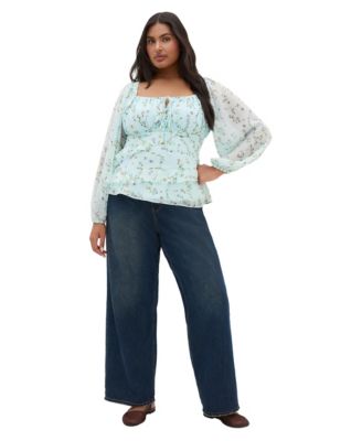 Plus Size Square Neck Ruffle Balloon-Sleeve Blouse