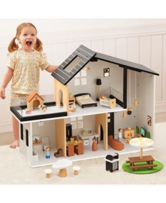 Wooden Two-Story Dollhouse with 66 Accessories and Furniture, Ages 3+