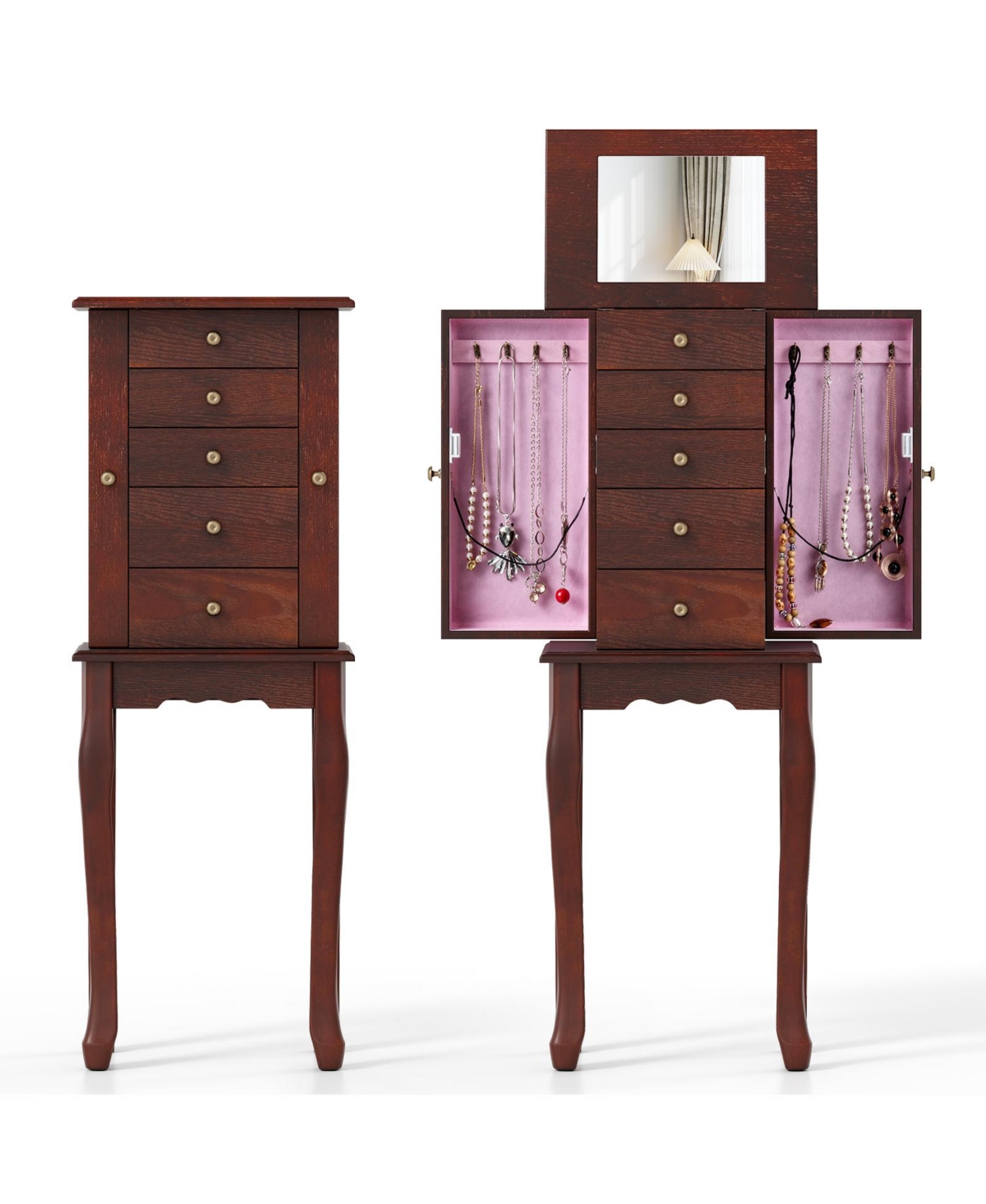 Sugift Standing Jewelry Armoire with Mirror and Storage Drawers - Brown