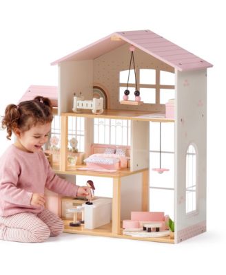 Wooden 3-Story Dollhouse with 6 Rooms and 37 Pieces of Furniture and Accessories, Ages 3+