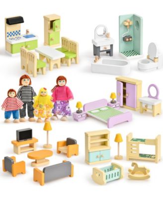 Wooden 36-Piece Dollhouse Furniture Set with Interactive Features and 4 Poseable Dolls, Ages 3+