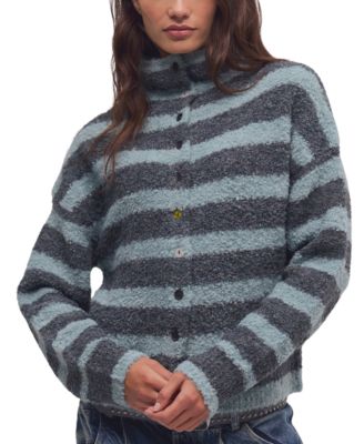 Women's Button Collection Striped Boucle-Knit Mock Neck Cardigan