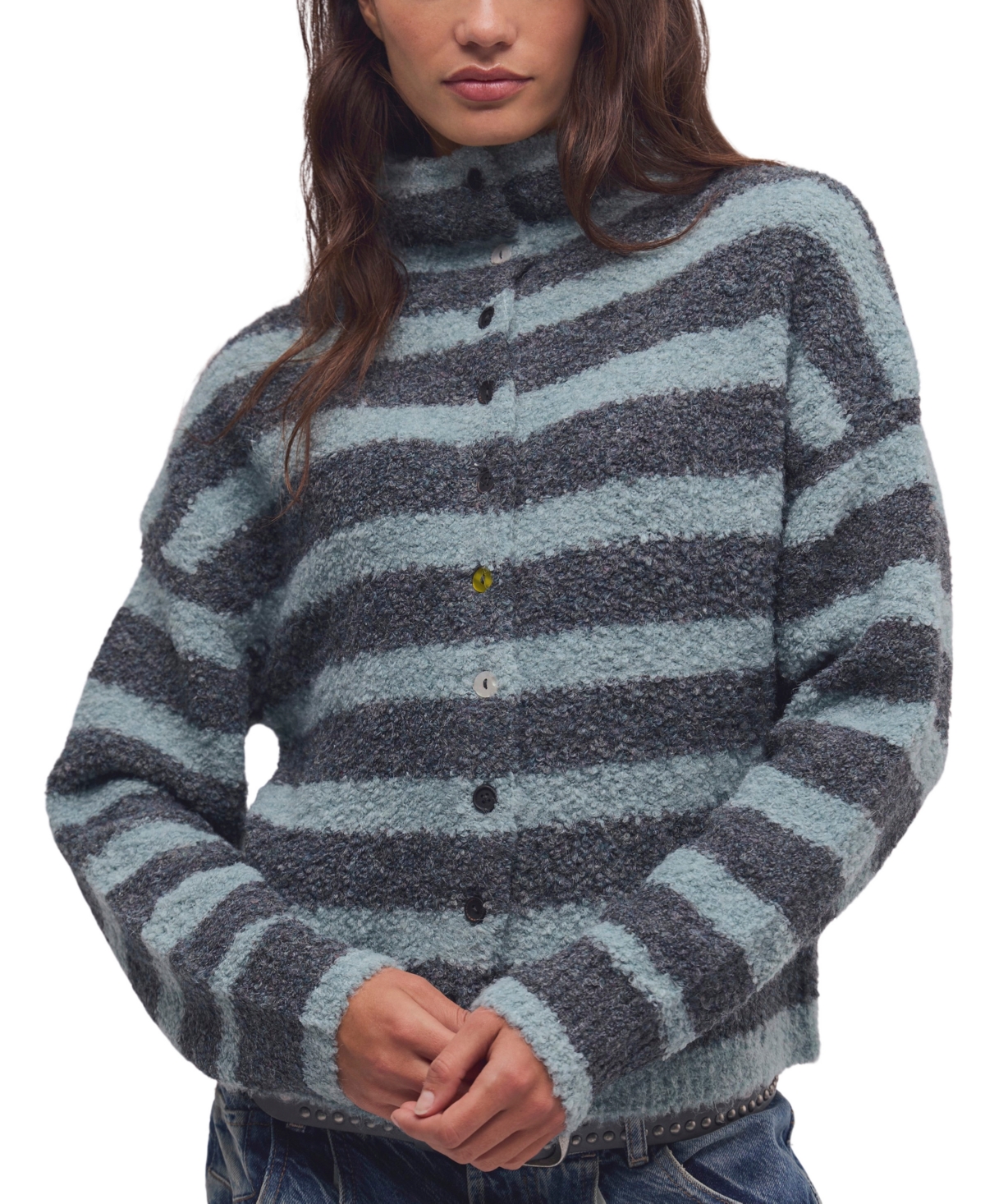 Free People Women's Button Collection Striped Boucle-Knit Mock Neck Cardigan