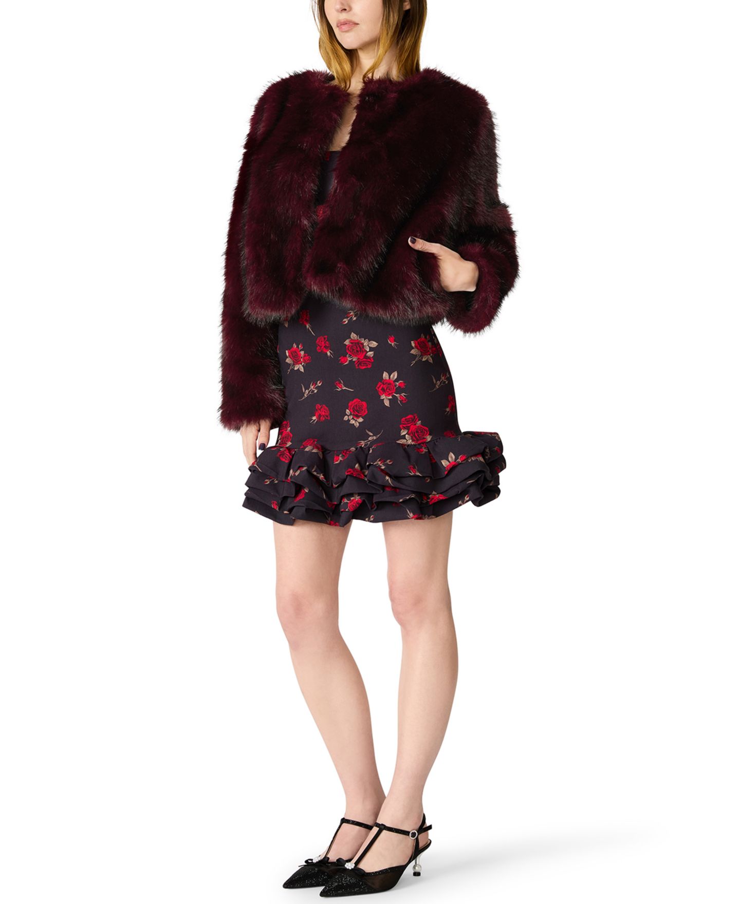 Женская куртка Betsey Johnson Chubby Cropped Open-Front Faux Fur, цвет: Красный сливовый — фото 3
