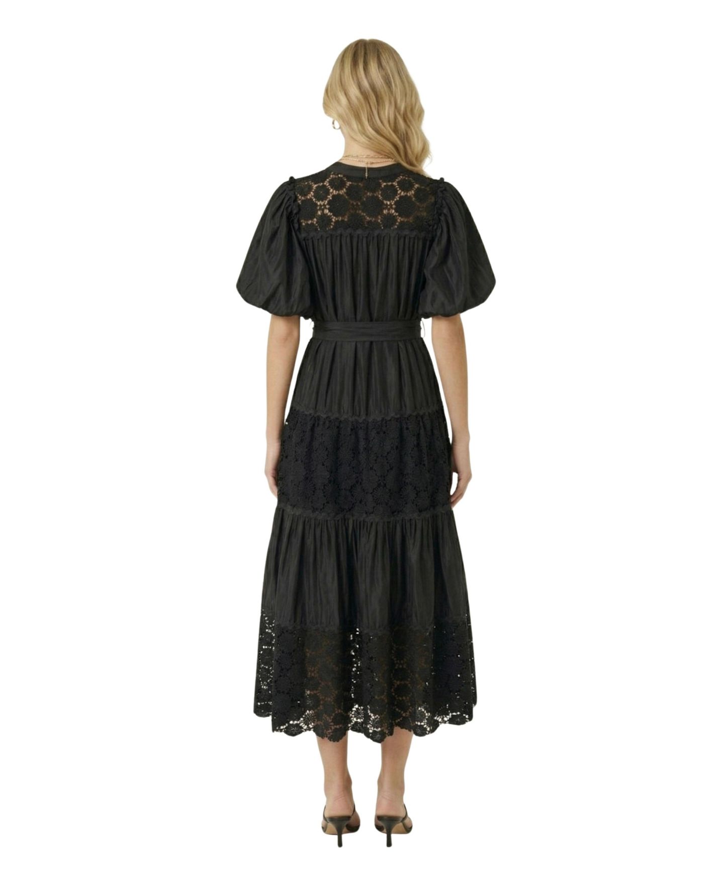Женское платье Modenaire V-Neck Puff-Sleeve Lace-Panel Midi, цвет: Чёрный — фото 4