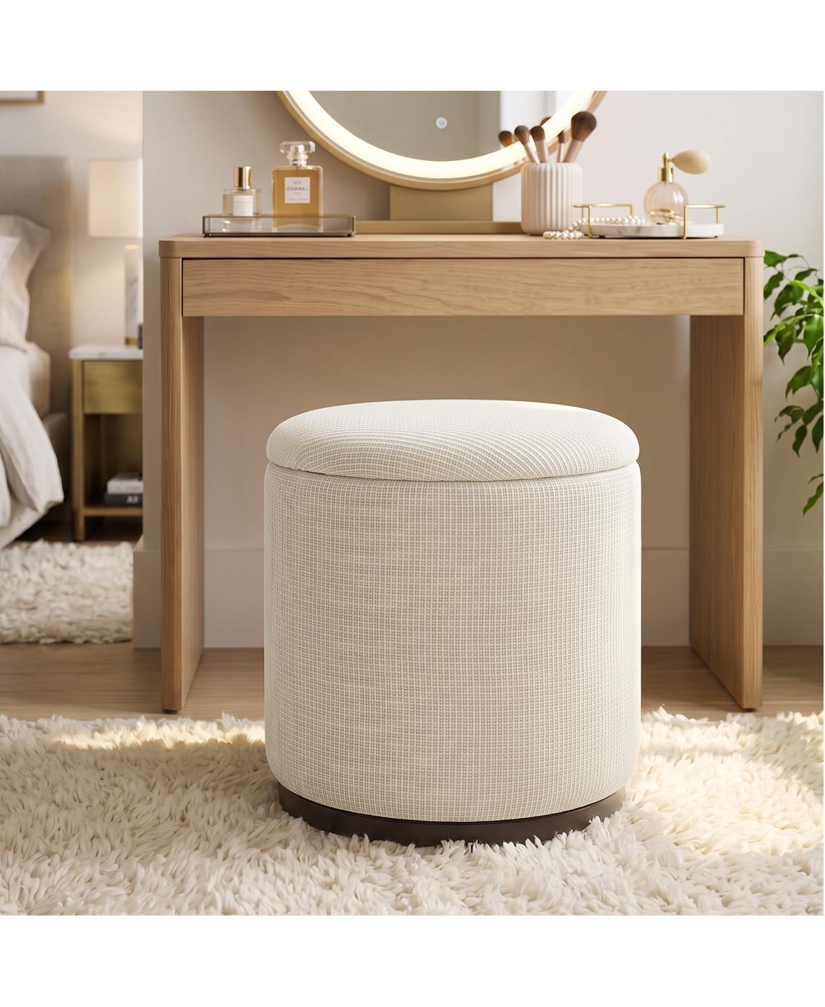 Maison Boucle Vanity Stool Ottoman With Storage, Round Swivel Ottoman, Reversible Lid Side Table - Beige