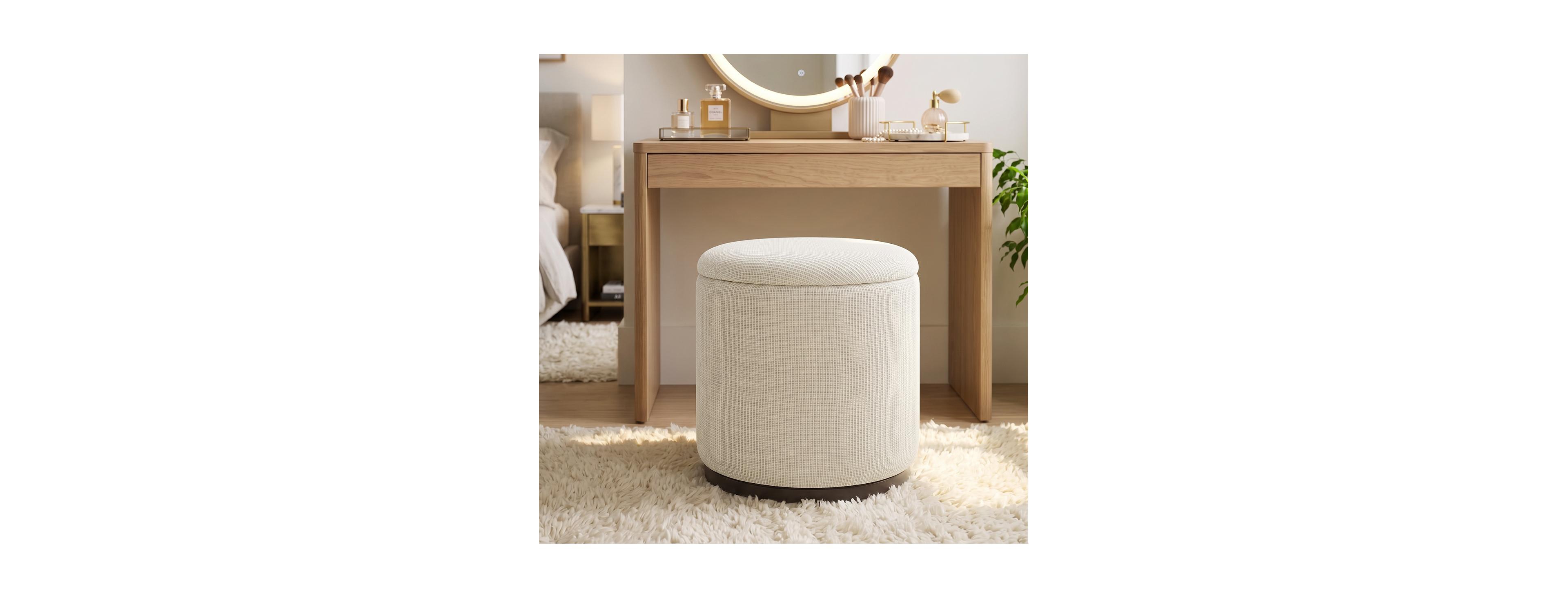 Maison Boucle Vanity Stool Ottoman With Storage, Round Swivel Ottoman, Reversible Lid Side Table
