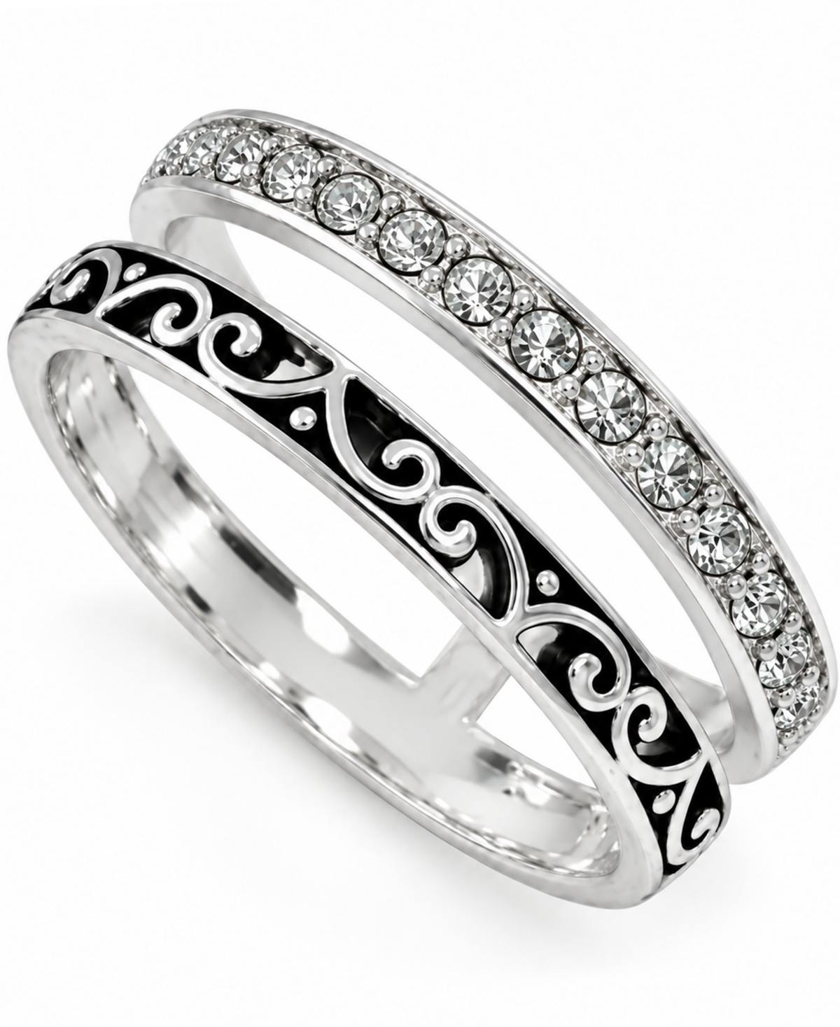and Now This Oxidized Clear Crystal Double Row Band Ring Silver Plate