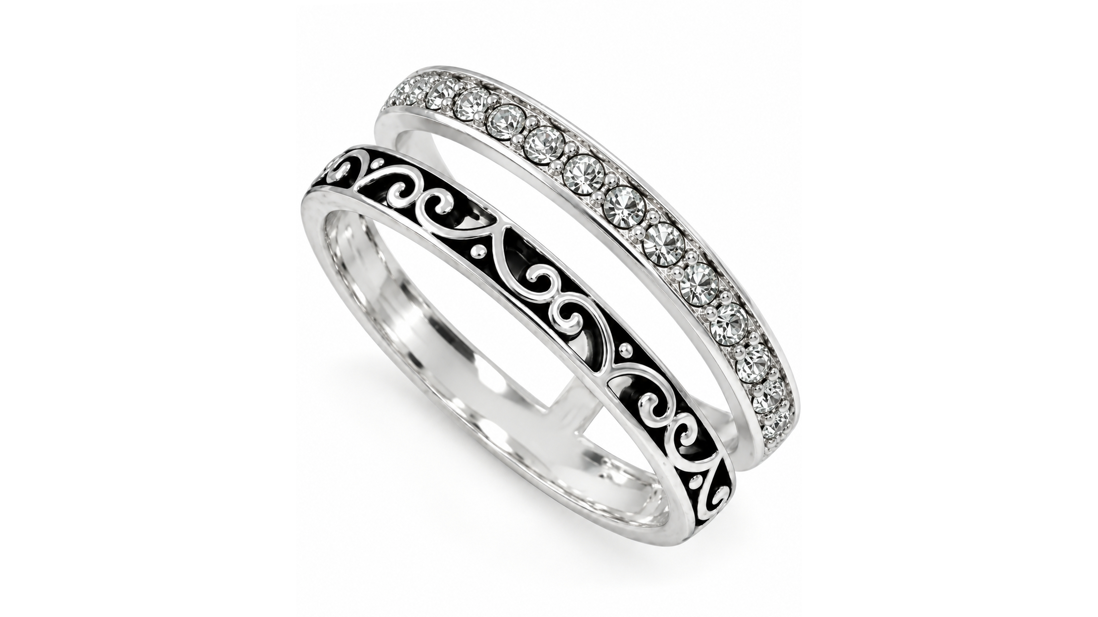 And Now This Oxidized and Clear Crystal Double Row Band Ring in Silver Plate