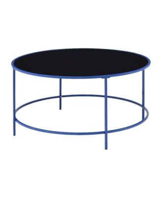 Blue Round Coffee Table with Tempered Glass Top and Steel Frame, Single Piece