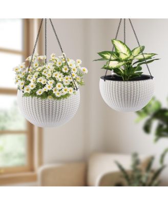 Set of 2 Rattan-Inspired Hanging Flower Pots with Water Storage and Overflow Drain, 13.4"