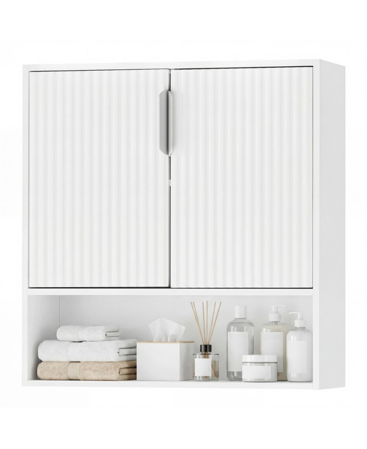 Hongge Bathroom Wall Cabinet with 2 Fluted Doors and Open Cube Shelf
