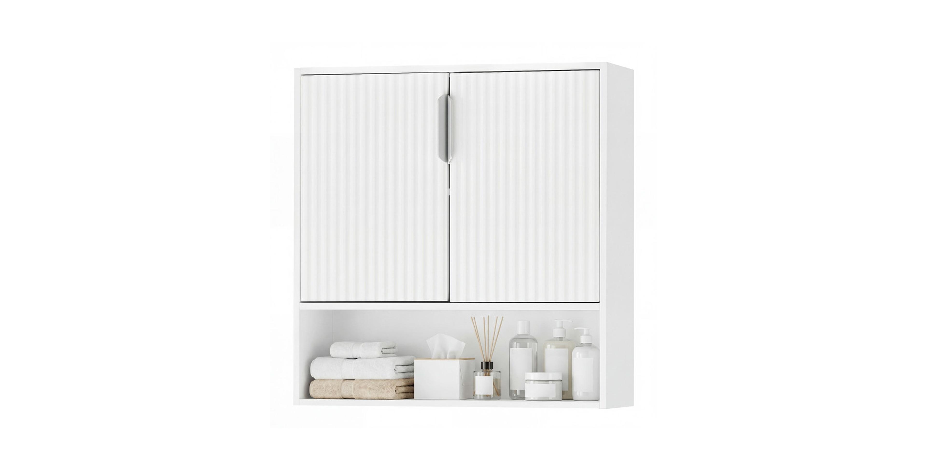 Hongge Bathroom Wall Cabinet with 2 Fluted Doors and Open Cube Shelf