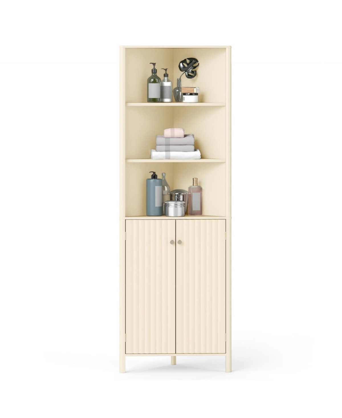 Hongge 68 in Corner Bathroom Cabinet with 5 Shelves and 2 Fluted Doors - Beige